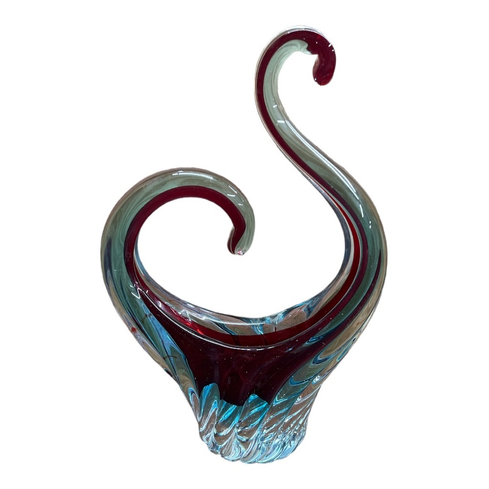 Vintage Murano Blue Red Clear Hand Blown Glass Art